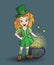 Cute cartoon irish leprechaun girl with the pot of gold