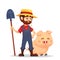 Cute cartoon joyful mature male young guy farmer in straw hat and holding shovel with happy domestic hog pig isolated on white bac