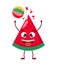 Cute cartoon juicy watermelon fruit character playing with beach ball. Popular summer activities. Kid poster and summer t-shirt
