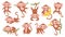 Cute cartoon jungle baby monkey character poses. Exotic tropical animal mascot, ape jumping on tree, holding banana and