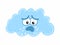 Cute cartoon kawaii dark cloud with rain drops. Sad face emotion. Eyes and mouth. Isolated. White background. Baby character