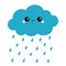 Cute cartoon kawaii dark cloud with rain drops. Sad face emotion. Eyes and mouth. Isolated. White background. Baby character colle