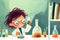 Cute cartoon kid in lab coat and glasses doing science experiments in the chemical lab. Illustration for children\\\'s book.