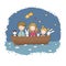 Cute cartoon kids in the boat. A brother, two little sisters, funny hares and a cat. Best friends went on a trip.