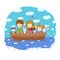 Cute cartoon kids in the boat. A brother, two little sisters, funny hares and a cat. Best friends went on a trip.