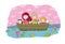 Cute cartoon kids in the boat. funny hares and a cat. Best friends went on a trip.