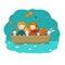 Cute cartoon kids in the boat. two little sisters, funny hares and a cat. Best friends went on a trip.