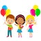 Cute cartoon kids with gift, balloons and flowers