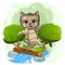 Cute cartoon Kitten by the river. Postcard for children. Dexterous cat scout. funny animal overcomes an obstacle
