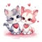 Cute cartoon kittens with hearts on white background. Valentines day illustration. Greeting card