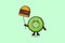 Cute cartoon Kiwi fruit floating with burger