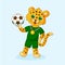 Cute cartoon leopard in sport uniform with soccer ball.