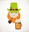 Cute cartoon leprechaun with beer. St. Patricks Day celebration.
