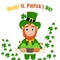 Cute cartoon leprechaun in costume with a dessert of three cupcakes decorated with the flag of Ireland.