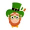 Cute cartoon leprechaun in a green hat with glasses decorated with a shamrock, with the flag of Ireland