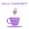 Cute cartoon lilac smiling cup and text hello thursday