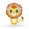 Cute cartoon Lion with headphones, listens to music, note, treble clef