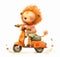 Cute cartoon lion on scooter. Funny watercolor illustration for children's book, cover art. Generative AI