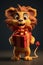 Cute Cartoon Lion With Very Big Eyes With A Big Gift Box Red Bow. Generative AI