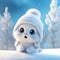 Cute cartoon little baby rabbit in the winter hat . Winter 3d realistic illustration with animal and snow.