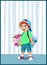 Cute cartoon little boy character with ginger hair holding flowers bouquet and gif box