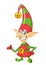 Cute cartoon little boy Santa helper elf stand on white background isolated. Christmas chracter presenting.