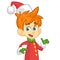 Cute cartoon little boy Santa helper elf stand on white background isolated. Christmas chracter presenting.