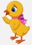 Cute cartoon little chicken with pink bow isolated on a white background