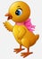 Cute cartoon little chicken with pink bow isolated on a white background