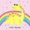 Cute cartoon little dinosaur isolated on pink background with rainbow.