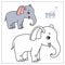 Cute cartoon little elephant color and outlined on a white background  for coloring page