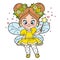 Cute cartoon little fairy casts spell with magic wand color variation for coloring page