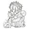 Cute cartoon little fairy casts spell with magic wand on a frog outlined for coloring on white