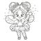 Cute cartoon little fairy casts spell with magic wand outlined for coloring on white