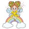 Cute cartoon little fairy casts spell with magic wand and sit on a rainbow outlined for coloring on white