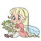 Cute cartoon little fairy sits on the floor and weaves a wreath color variation for coloring page isolated on a white
