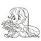 Cute cartoon little fairy sits on the floor and weaves a wreath outlined for coloring on white
