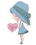 Cute Cartoon little girl in blue hat and dress holding heart with text I miss you, simple flat sweet vector illustration