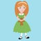 Cute cartoon little girl with orange hair wearing green dress holding small teddy bear. Happy child.