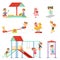 Cute cartoon little kids playing and having fun at the playground set, children playing outdoors vector Illustrations