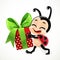 Cute cartoon little ladybug carries a gift in red box and with a green bow on white background