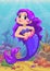 Cute cartoon little mermaid with purple hair