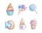Cute cartoon little princess icon set - sweets sweet ice cream, cake, cocktails, donut and lollipop. Cute girly sweets -