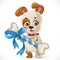 Cute cartoon little puppy holding a big bone bandaged with gift bow isolated on a white background