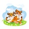 Cute cartoon little tigers playing on a meadow