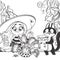 Cute cartoon little witch girl with cat feeds carnivorous plants