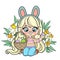 Cute cartoon long haired  girl with bunny ears and a basket plays Easter egg color variation for coloring page on a white
