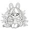 Cute cartoon long haired girl with bunny ears and a basket plays Easter egg hunt outlined for coloring page on a white