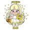 Cute cartoon long haired girl in Halloween angel dress with harp color variation for coloring page on white