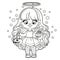 Cute cartoon long haired girl in Halloween angel dress with harp outlined for coloring page on white